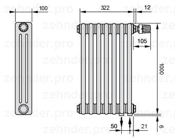 Схема (чертеж) Радиатор Zehnder Charleston 3100/7 №V002 Белый глянцевый RAL 9016